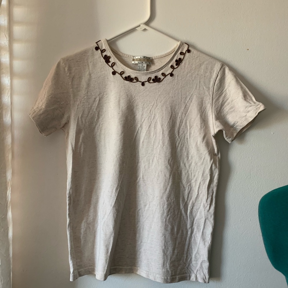 Sigrid Olsen. Tan Cotton & Linen Top with Brown Embroidery.